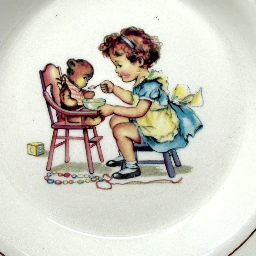 Holmes & Edwards Baby Feeding Plate Girl Teddy Bear Gold Trim